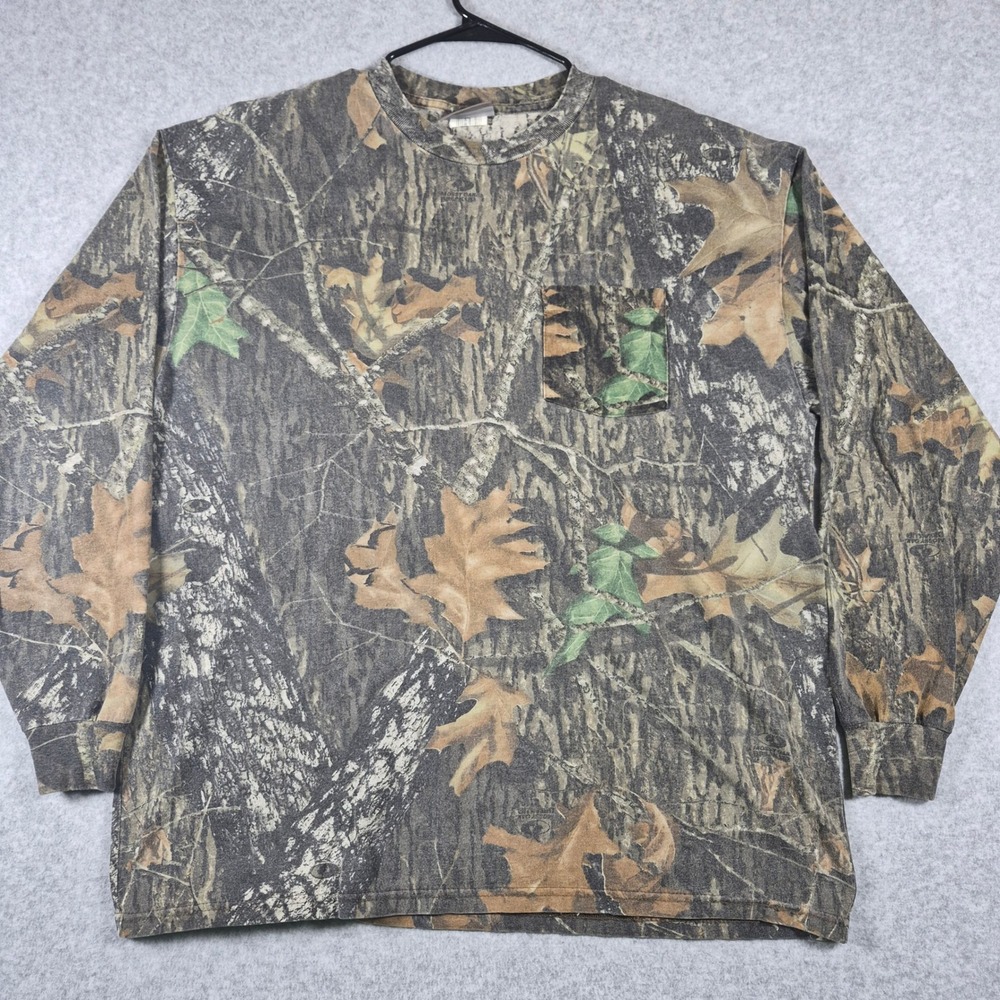 Y2K Jerzees Pocket T-Shirt Mens XL Camo Mossy Oak Break Up Long Sleeve Hunting